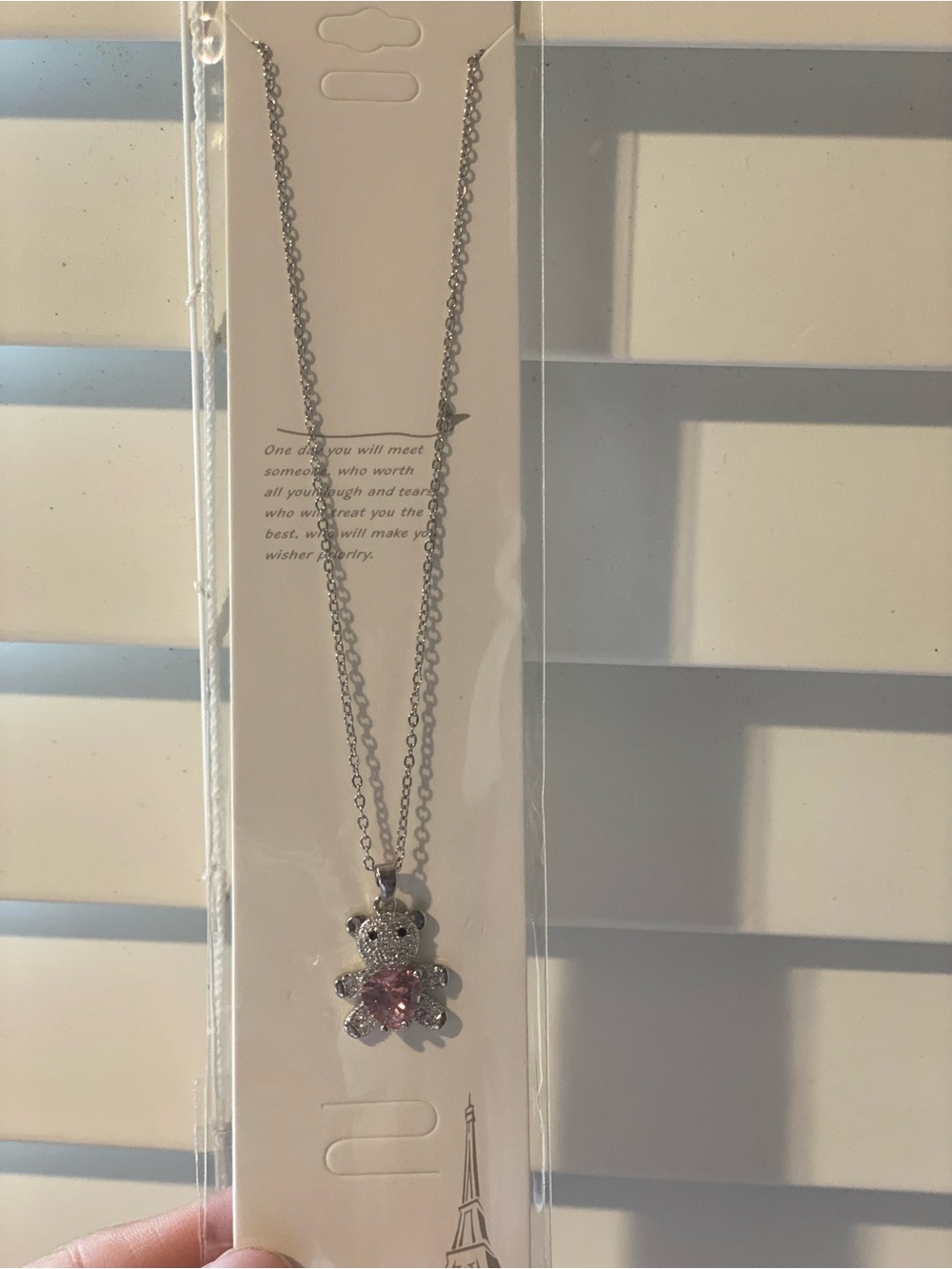 Silver Teddy Pendant Necklace with Pink Crystal Accent